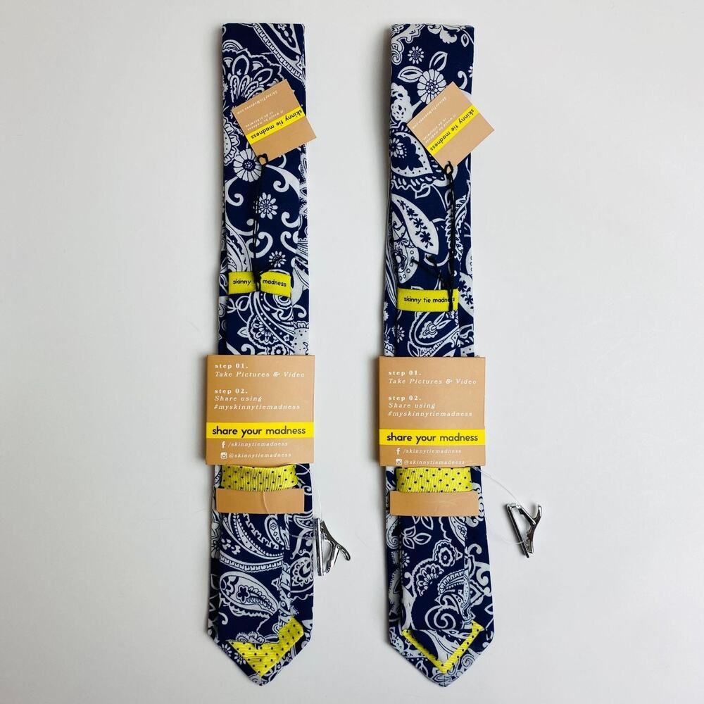 Set of 2 Skinny Tie Madness Tie for Men Mister Paisley Piper Color Navy NEW